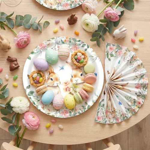 75 Pcs Easter Bunny Party Supplies，Disposable Easter Paper Plates & Napkins for 25 Guests, Thickened Material, Clear Print with Cute Bunny Flowers Spring Easter Tableware for Easter Party Decorations - Image 5