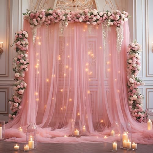 20x8ft Dusty Rose Tulle Backdrop Curtain with Lights String for Parites, Sheer Photo Backdrop Drapes with Lights for Wedding Backdrop Ceremony Reception Bridal Shower Baby Shower Birthday Party - Image 7