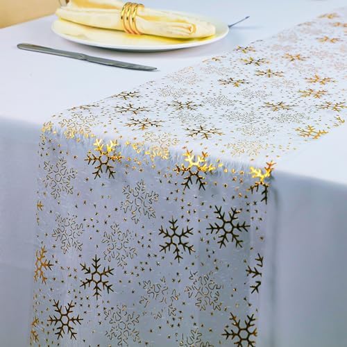 Snowkingdom 2 Pcs Christmas Snowflake Gold Table Runner Sparkly Golden Metallic Foil Runners Decorations Glitter for Winter Festival Holiday Home Party Seasonal by Snowkingdom