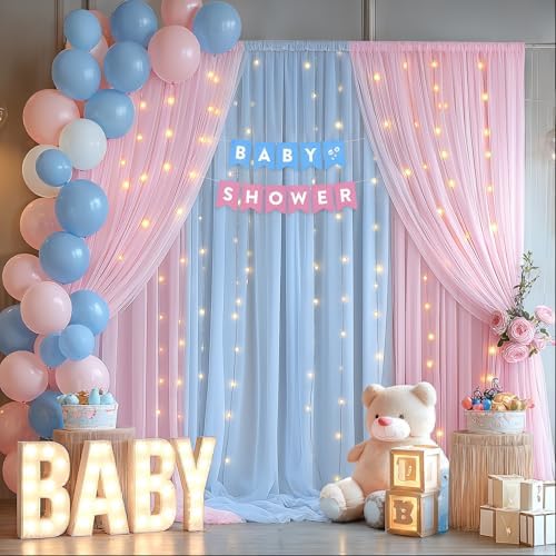 10×10ft Pink Blue Tulle Backdrop Curtain with Lights String for Parties, Sheer Photo Backdrop Curtains for Wedding Party Photography Background - Image 2