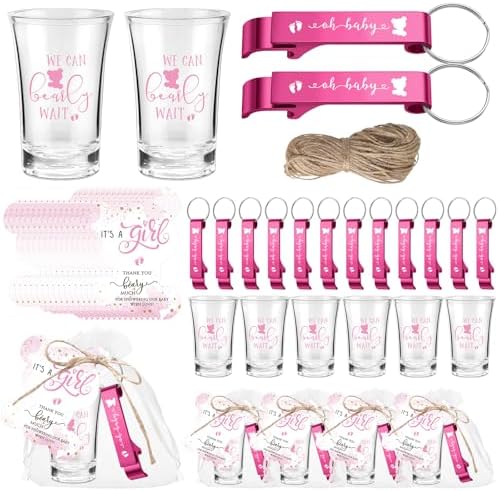 50 Sets Baby Shower Favors Shot Glasses Keychain Gifts, Bear, Pink by Singhoow
