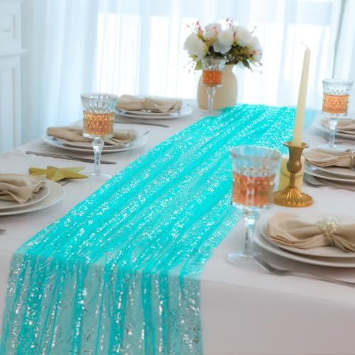 3Pcs Aqua Silver Table Runner 10Ft Metallic Foil Shimmer Sheer Gauze Decor - Image 4