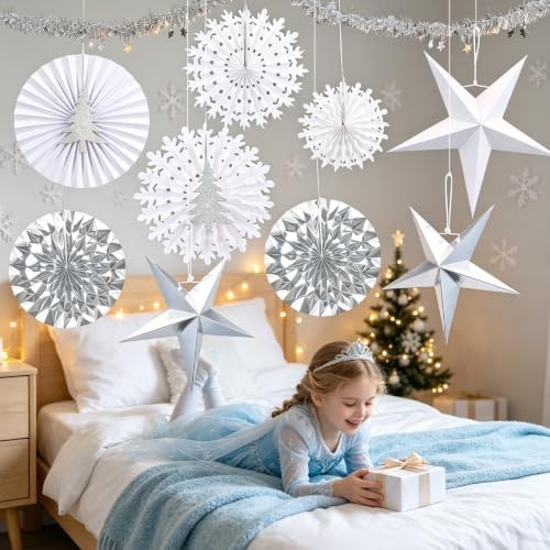 Christmas Snowflake Decorations, White Paper Snowflakes Hanging Decor, Winter Wonderland Snowflake Paper Fans, Silver Paper Stars, Tinsel Garland for Xmas Wall Backdrop Frozen Birthday Party Supplies - Image 6