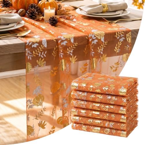 Artoid Mode 6-Pack Fall Gauze Table Runner 120 Inch, Metallic Foil Leaves by ArtoidMode