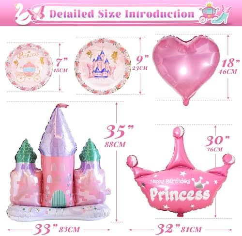 164 PCS Princess Birthday Party Decorations For Girl, 12 Tableware Sets, Castle Balloons, Balloon Arch, Disposable Paper Plates, Backdrop, Balloon Pump, Princess Party Decorations - Image 3
