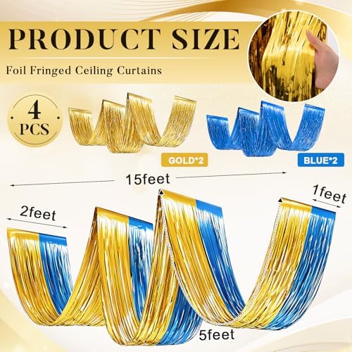 Breling 4 Pcs Blue Gold Ceiling Fringe Curtains, Foil Drapes, 15 ft - Image 2