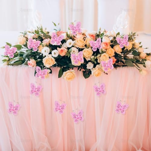 AUEAR, 100 Pack Sheer Mesh Wire Glitter Butterfly Decoration with Gem for Wedding Home Party Wall Decorations (Pink) - Image 6