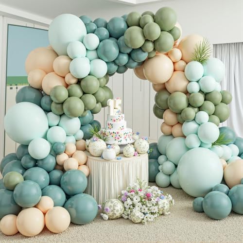 412Pcs Dusty Blue Green Balloon Garland Arch Kit,Haze Fog Blue Ash Mist Sage Green Sand White Gold Balloons Different Sizes Matte Latex Balloons for Baby Shower Birthday Wedding Party Decorations - Image 5