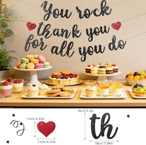 Pre-Strung You Rock Thank You For All You Do Banner - Glitter Employee Appreciation Decorations, Staff Teacher Nurse Recognition Party Supplies, Retirement Office Decor Sign, Large Cardstock Garland (Black) - Image 4