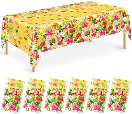 QZYL 6 PCS Luau Tablecloths, 54 x 108 Inches Hawaiian Table Cloths, Disposable Luau Party Supplies Tropical Decorations with Flamingo Palm Leaves, Aloha Party Decorations Summer Decor for Tiki Bar by QZYL