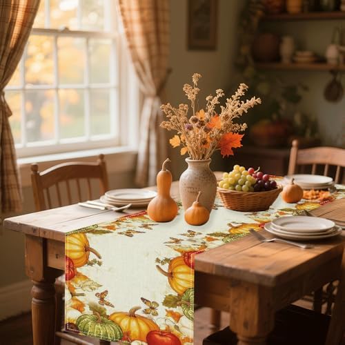Vintage Buffalo Plaid Table Runner 13x72 Inch - Fall Harvest Decor with Pumpkins Mushrooms Birdhouse Leaves, Seasonal Indoor Outdoor Kitchen Dining Table Decoration for Home Party - Image 4