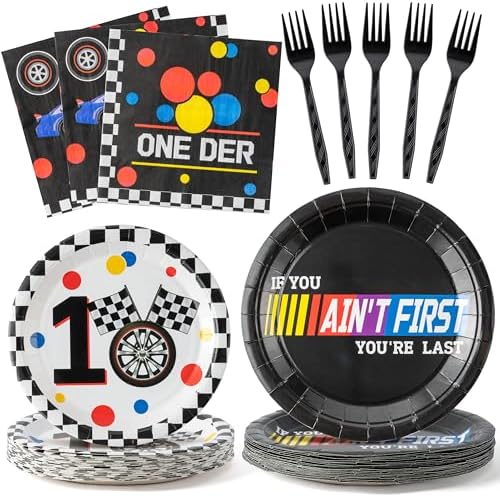 Racing Car First Birthday Party Supplies - 96pcs Paper Plates Napkins Forks Kids 1st Birthday Party Table Decorations Racing Car First Themed Disposable Cake Tableware Set for 24 Guests by WelcometoAndiCppss