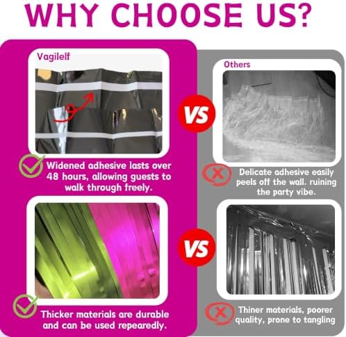 Hot Pink Lime Green Foil Fringe Curtains 4 Pack, Party Backdrop - Image 3