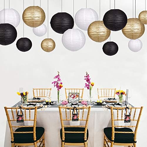 Round Hanging Paper Lanterns Black and Gold Party Decorations 15pcs - Image 3