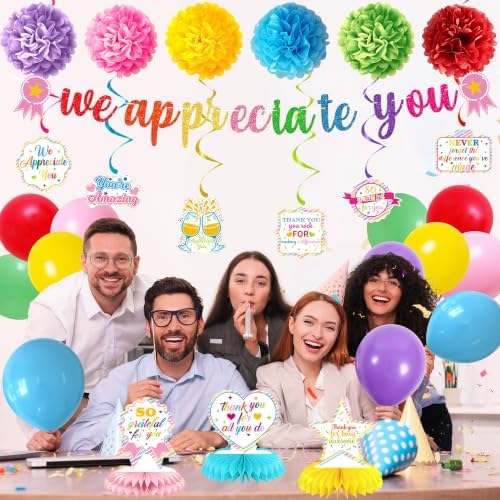 Vlipoeasn We Appreciate You Banner Decorations, Colorful Thank You for All You Do Honeycomb Centerpieces Hanging Swirls, Office Decor Staff Teachers Professors Doctor Nurses Appreciation - Image 6