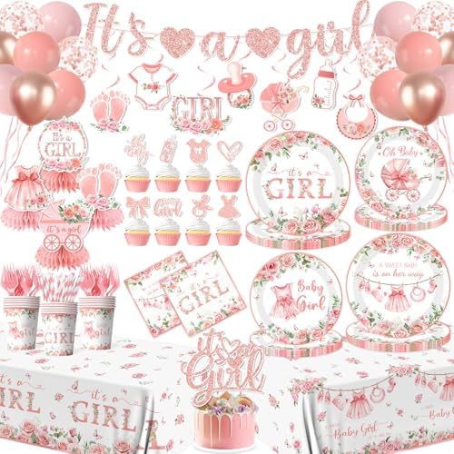 Its a Girl Baby Shower Decorations, Pink Floral Baby Shower Decorations for Girl Include Plates,Napkins,Banner,Balloons,Tablecloth,Cups,Hanging Swirl,Cake Topper,Honeycomb for Baby Girl Party Decor by YTGUVBK