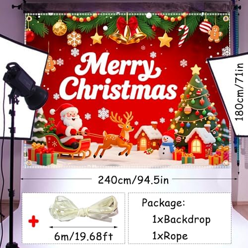 8x6ft Merry Christmas Backdrop Large Christmas Party Decoration Banner Xmas Backdrops for Wall Photography Background Photo Props with 19.68ft Ribbon - Image 2