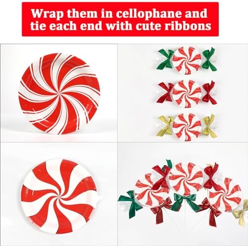 96pcs Christmas Peppermint Candy Paper Plates Party Supplies Tableware Set Candy Mint Party Supplies for Holiday Xmas Red and White Striped Peppermint Disposable Dinnerware Decorations 24 Guest - Image 6