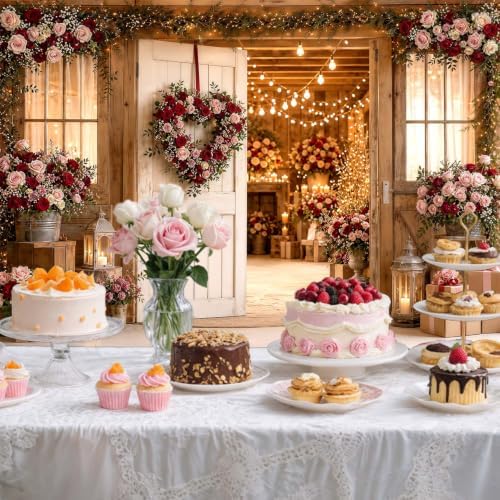 Rustic Wooden Farmhouse Door Backdrop Red Pink Floral Wreath String Lights Barn Wedding Photography Background Country Bridal Shower Valentine Party Photo Booth Decor 6x4 FT - Image 7