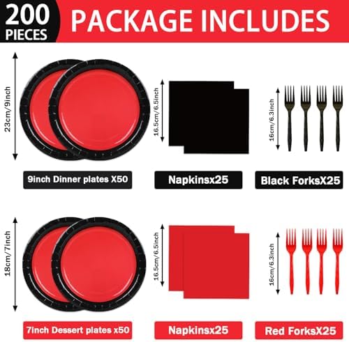 gisgfim 50 Guests Red and Black Party Supplies Decoration Black and Red Birthday Plates and Napkins Forks Red Black Disposable Tableware Red Birthday Party Paper Plates for Boys Girls Party 200PCS - Image 2