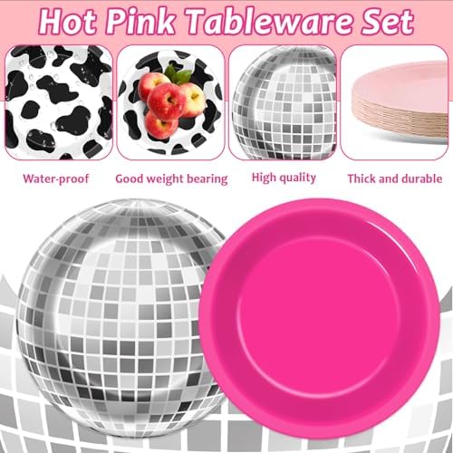 96PCS Western Cowgirl Party Plates and Napkins Cowgirl Disco Party Supplies Cow Print Themed Dessert Paper Cake Plates Hot Pink Ball Tableware for 24 Guests Girls Birthday 80s 90s Disco Decorations - Image 3