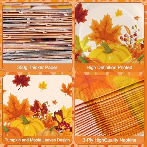 100 Pcs Thanksgiving Plates and Napkins Sets - Fall Pumpkin Maple Leaf Round Tableware, Disposable Thanksgiving Paper Plates and Napkins Forks for Thanks giving Party Supplies Table Decor, Serves 25 - Image 4