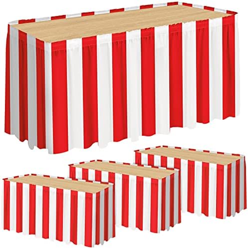 durony 4 Packs Red and White Striped Table Skirt Circus Theme Party Supplies Carnival Table Skirt for Carnival Home Party Decoration, 165 x 30 Inches by durony