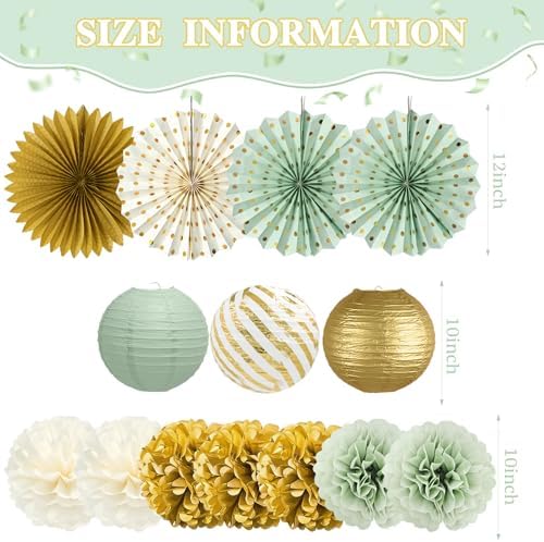 ADLKGG 14 Pcs Sage Green Gold Party Decorations, Paper Lanterns Fans Decor - Image 2