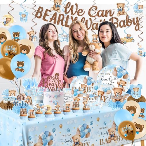 Blue Bear Baby Shower Decorations,219Pcs Baby Shower Tableware Set Banner, Plates and Napkins, Tablecloth, Cake Toppers, Honeycomb Balls for Boy Neutral Bear Themed Party Decorations Severs 24 - Image 2