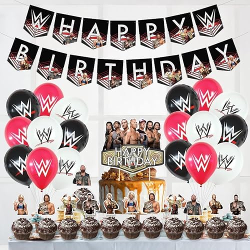 Wrestling Birthday Decorations, Wrestling Party Supply include Happy Birthday Banner, Cake Topper, Cupcake Toppers, Balloons for Kids Adults Party Decorations (Black) - Image 7