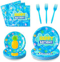 GaofanWai Ocean Pineapple Birthday Tableware - 96PCS Pineapple Party Paper Plate Set for Kid Summer Hawaii Ocean Plates Disposable Dinnerware Paper Napkins Forks for Baby Shower Party Supplies,24guest by GaofanWai