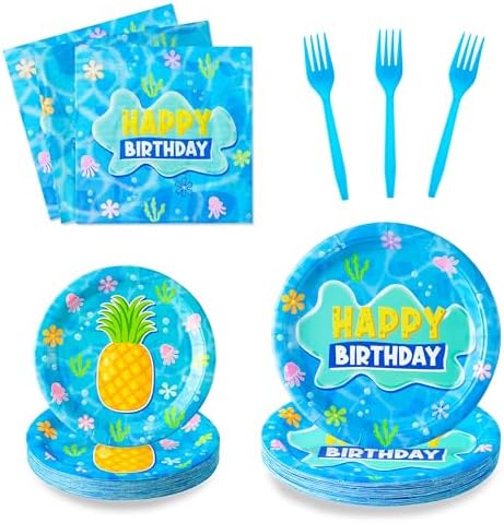 GaofanWai Ocean Pineapple Birthday Tableware - 96PCS Pineapple Party Paper Plate Set for Kid Summer Hawaii Ocean Plates Disposable Dinnerware Paper Napkins Forks for Baby Shower Party Supplies,24guest by GaofanWai