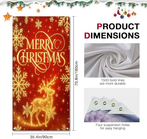 BlissYard Merry Christmas Door Cover 71x35 Inch Front Porch Door Banners Decoration Winter Golden Reindeer Snowflake Stars for Sign Party Indoor Decor - Image 6