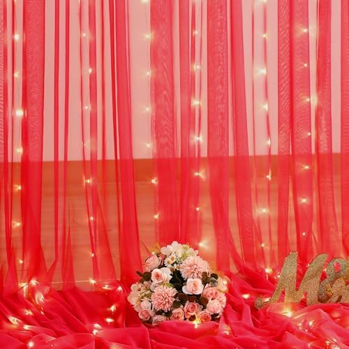 10ft x 10ft Red Tulle Photo Backdrop Curtain with Lights String for Christmas Party Red Sheer Curtain Backdrop Drapes for Birthday Party Wedding Holiday Photo Booth Background Home Room Decorations - Image 6