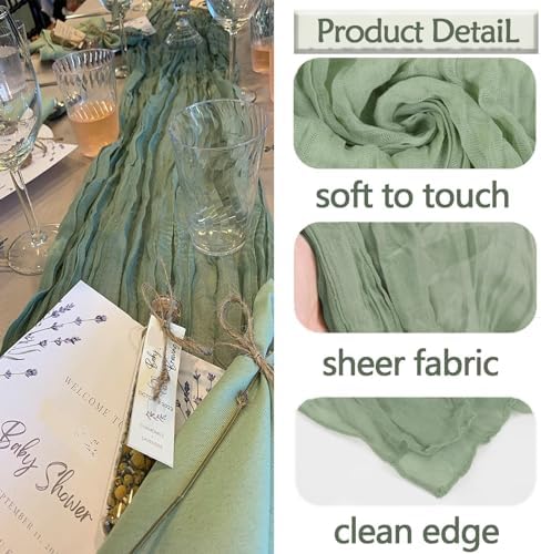 6 Pack Sage Green Cheesecloth Table Runner 20 x 120 inch Gauze Table Runners 10 FT Long,Semi Sheer Boho Cheese Cloth Fabric Table Runner Bulk for Wedding,Party,Baby Shower,Bridal Shower Decoration - Image 3