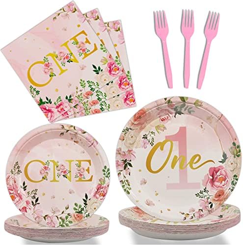 96Pcs 1st Birthday Party Supplies - Girls' One Year Tableware with Floral Birthday Plates, Napkins, Dinnerware, Decorations & Favors for Baby Shower, Serves 24 by partygreeting