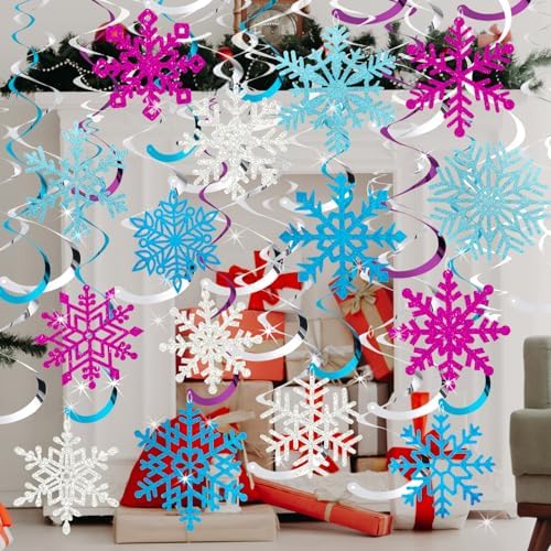Snowflake Decorations, Christmas Hanging Decor, Blue Purple Silver, 30-Pc - Image 6