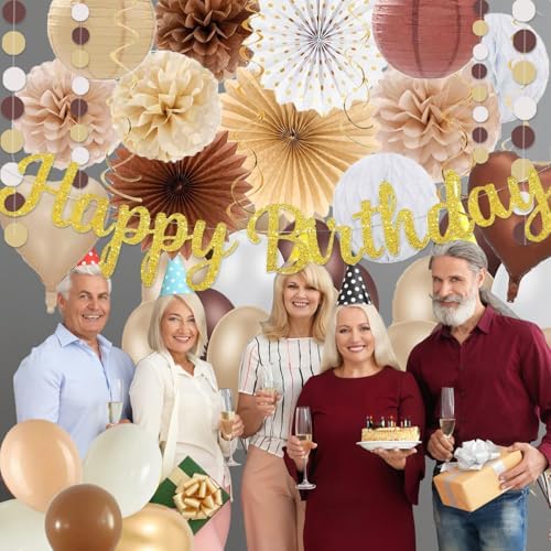 Boho Brown White Birthday Decorations - 62pcs Happy Birthday Banner, Neutral Rustic Paper Lanterns Honeycomb, Hanging Streamers, Tissue Pom Poms Flower Fan, Birthday Decorations for Women Girl Boys - Image 4