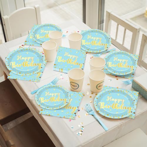 CHUNNIN 96PCS Blue Happy Birthday Plates and Napkins Happy Birthday Party Decorations Light Blue and Gold Dessert Plates Tableware for 24 Guests Kids Party Supplies - Image 6
