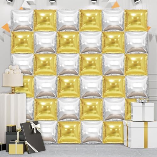 36 Piece XL Gold and Silver Square Foil Balloons Wall Screen Double Sided Square Balloon Screen Tunnel Arch Kit Mylar for Baby Shower Graduation Prom Birthday Party Decorations by YiYou