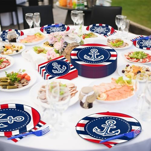 gisgfim 50 Guests Nautical Anchor Party Supplies Anchor Theme Plates and Napkins Plastic Forks Sailor Boat Ship Tableware Nautical Paper Plates for Baby Shower Birthday Party Boys Girls Kids 200PCS - Image 4