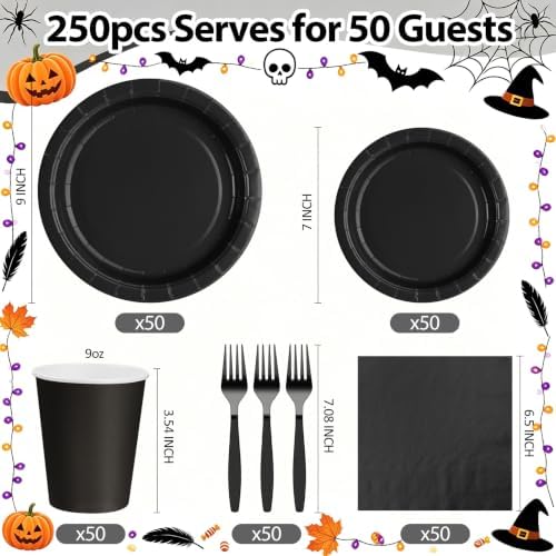 Black Paper Plates and Napkins Party Supplies Include Black Party Plates Napkins Cups Forks Disposable Dinnerware Set for Halloween, Graduations, Retirement, Birthday, Serves 50 - Image 2