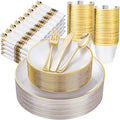 Morejoy 350PCS Pearl White and Gold Plastic Plates - Disposable Gold Plates by Morejoy