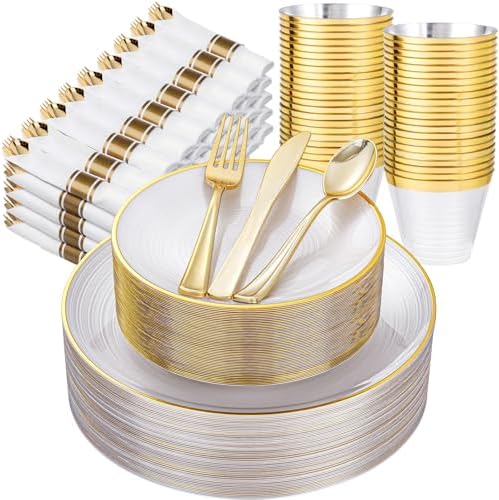 Morejoy 350PCS Pearl White and Gold Plastic Plates - Disposable Gold Plates by Morejoy