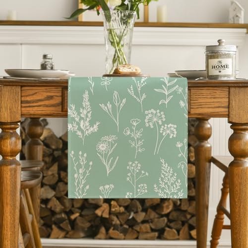 Artoid Mode Sage Green Leaves Flowers Spring Table Runner, Seasonal Kitchen Dining Table Decoration for Home Party Decor 13x90 Inch - Image 2