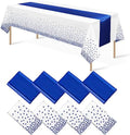 8Pack Disposable Plastic Tablecloths and Satin Table Runner White and Royal Blue Dot Tablecloth Blue Satin Table Runner for Wedding Birthday Baby Shower Anniversary Christmas New Year Party Supplies by MASHAN