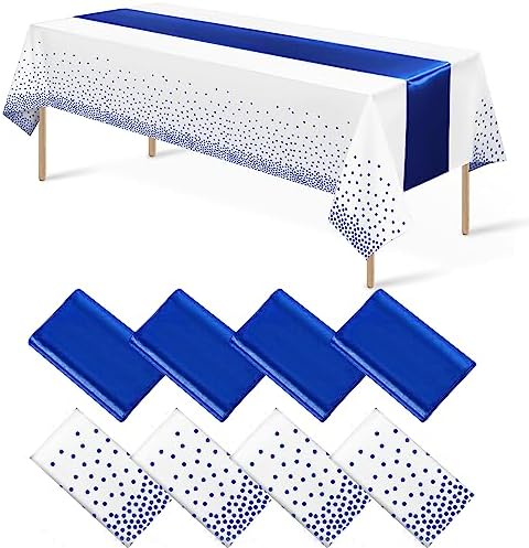 8Pack Disposable Plastic Tablecloths and Satin Table Runner White and Royal Blue Dot Tablecloth Blue Satin Table Runner for Wedding Birthday Baby Shower Anniversary Christmas New Year Party Supplies by MASHAN