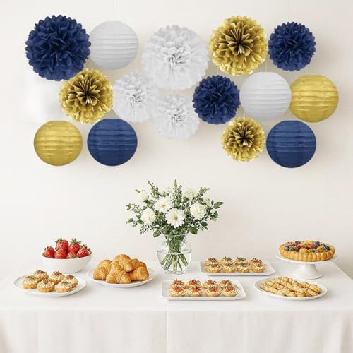 Navy-Blue White Gold Party Decorations - 15Pcs Tissue Pom Poms Paper Flowers Paper Lanterns Graduation Men Boy Birthday Wedding Bridal Baby Shower Father Day Decorations Supplies HongTongTong - Image 5