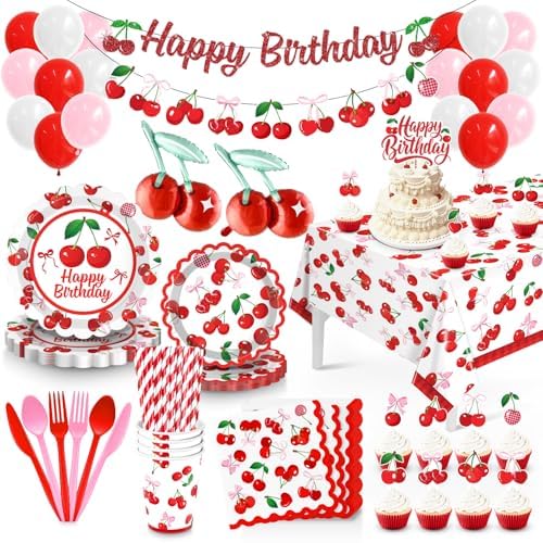 Cherry Birthday Decorations 164 Pcs Tableware Set by Julyshy