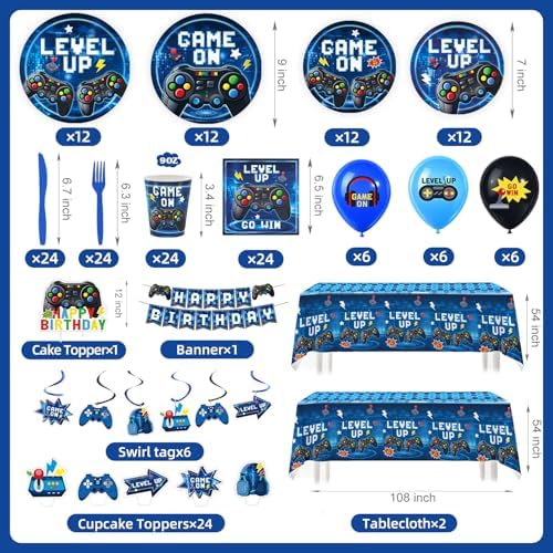 196 Pcs Video Game Birthday Party Decorations (Serves 24), Game Party Tableware Include Banner Hanging Plates Napkins Cups Forks Knifes Tablecloth Topper Balloons for Boy Party (Blue) - Image 3